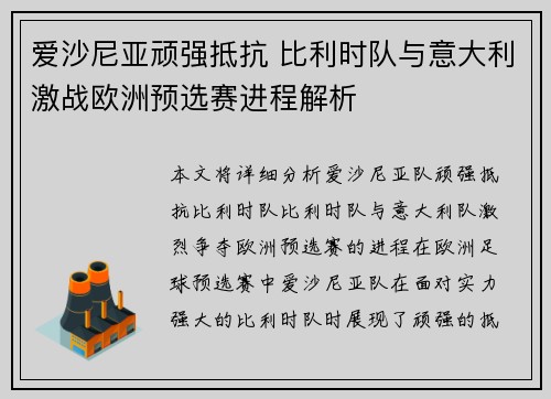 爱沙尼亚顽强抵抗 比利时队与意大利激战欧洲预选赛进程解析