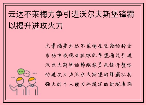 云达不莱梅力争引进沃尔夫斯堡锋霸以提升进攻火力